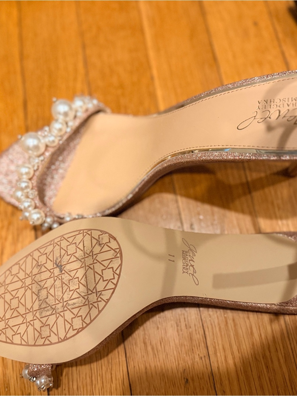 Badgley Mischka Rose Gold Pearl & Crystal Open-Toe Heels